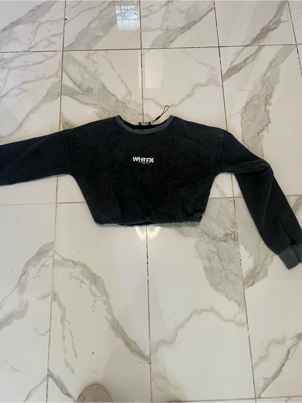 White Fox Boutique Black Cropped Crewneck Sweatshirt with White Logo